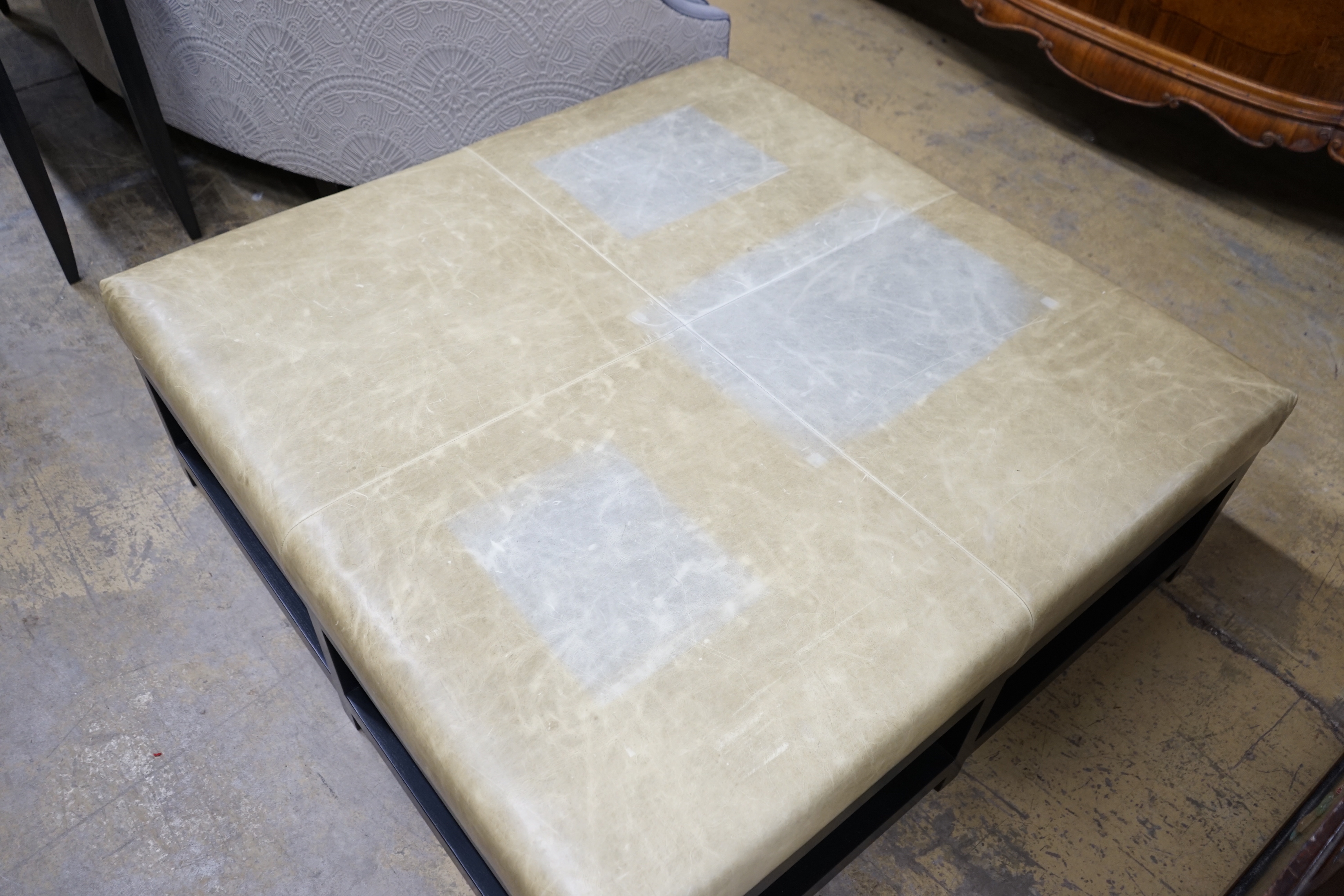 A custom made Bray Design square ottoman stool with Altfield Moore Domaine Cloud Grey leather top, 120cm, height 44cm